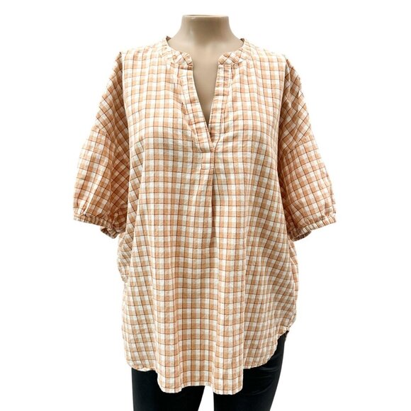 Madewell Crinkle Cotton Bubble-Sleeve Popover Check Fauna Flowy Shirt Women XL - Picture 4 of 15